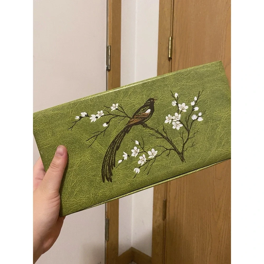 Vintage Value Village Green Make Up Storage Box With Bird And Flowers